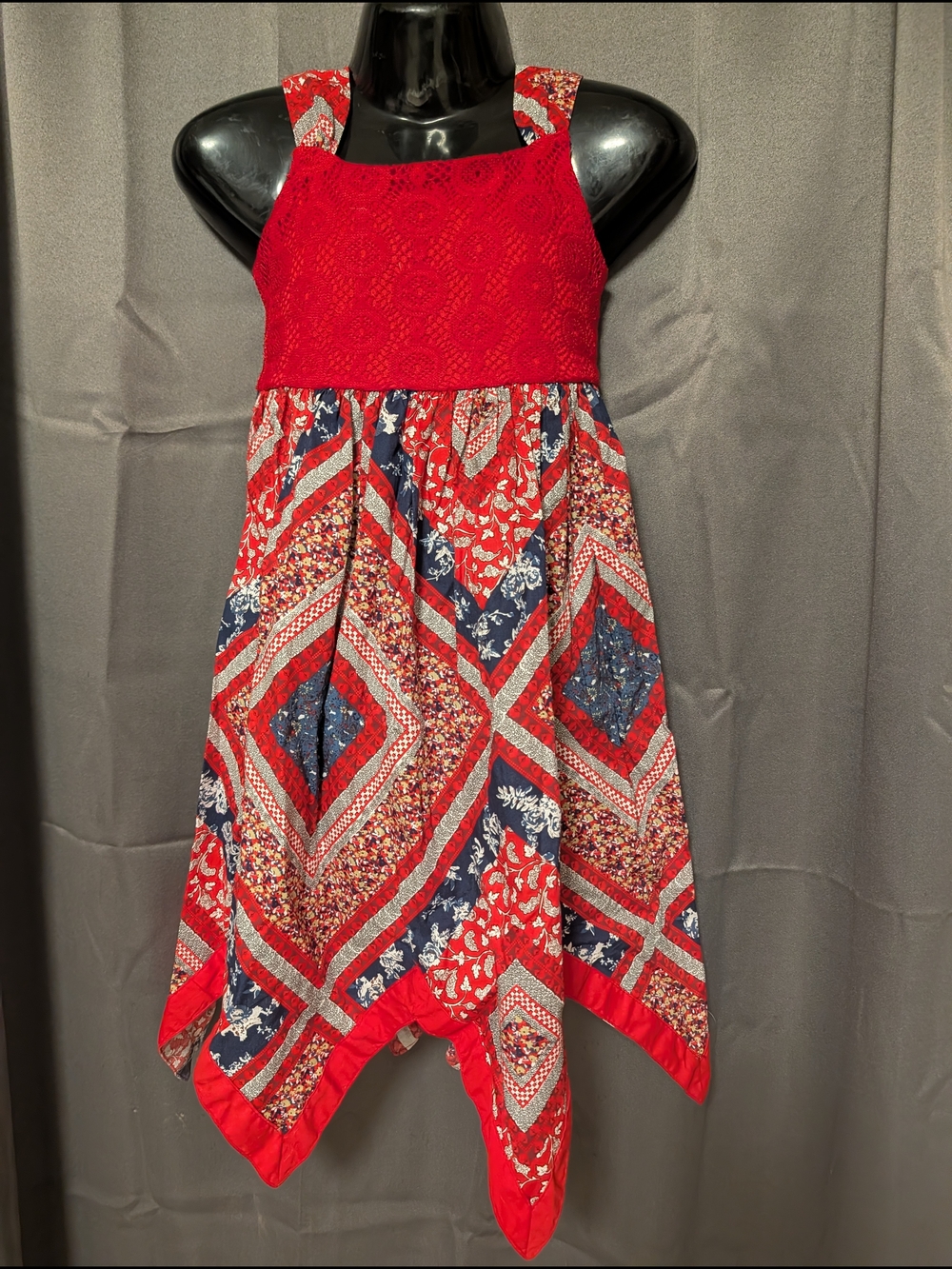 Blueberi Boulevard Red & Navy Patchwork Handkerchief-Hem Dress